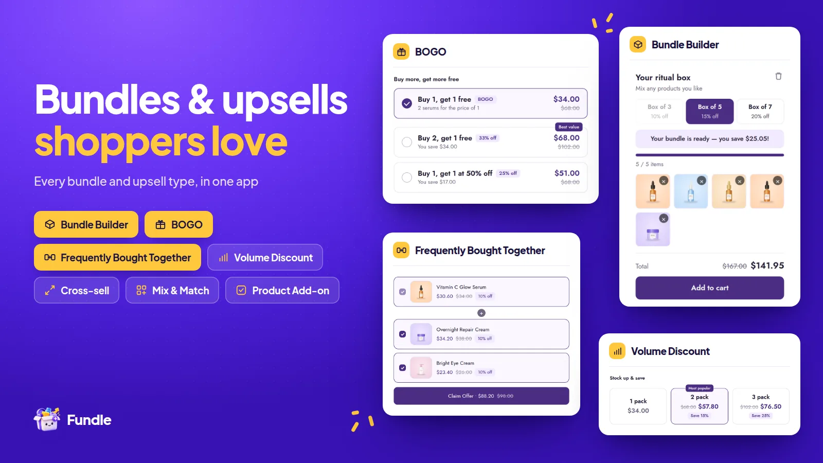 Fundle bundle types: BOGO, bundle builder, bought together and volume discount