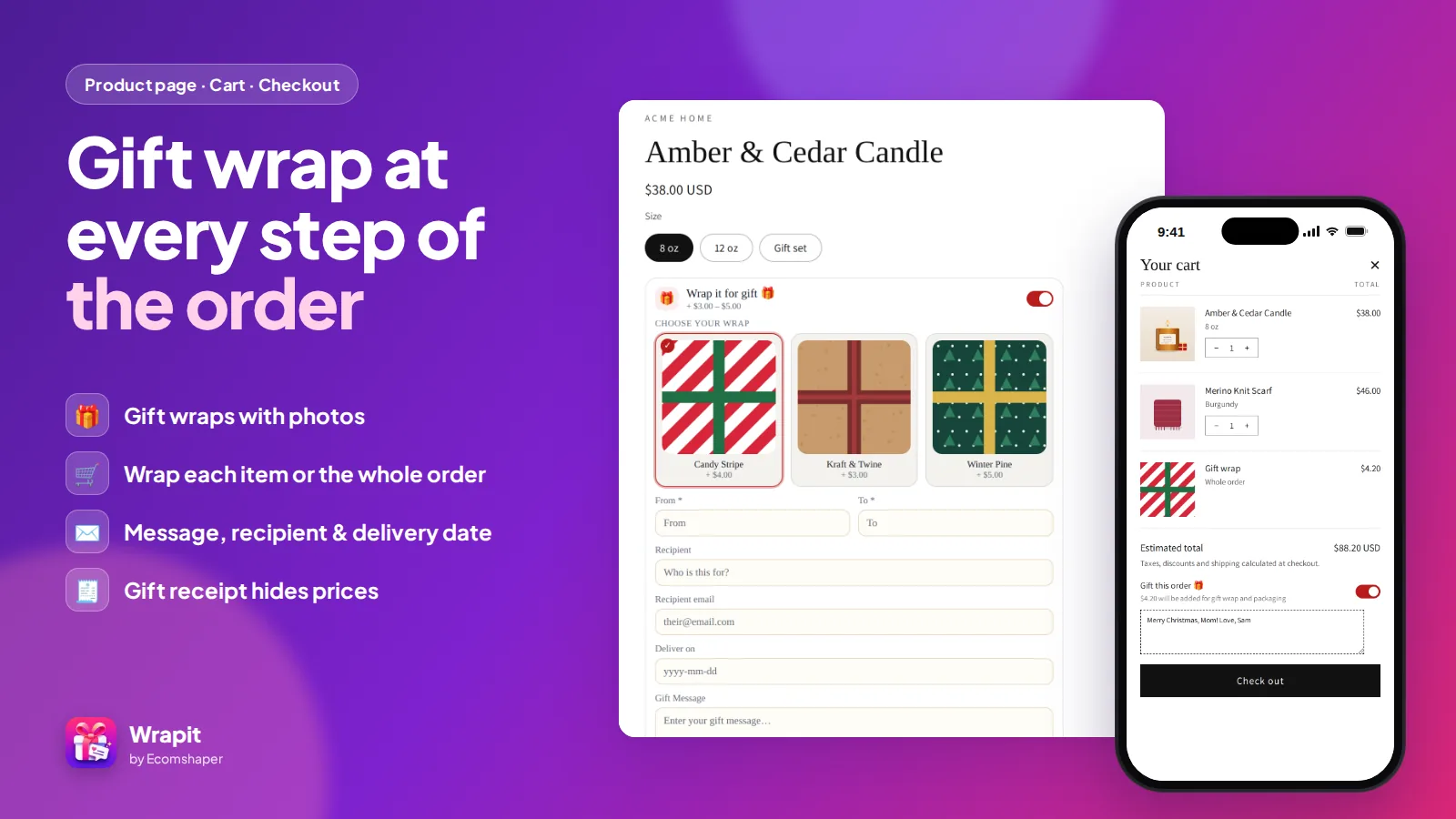 Wrapit gift wrap on a product page, in the cart and at checkout